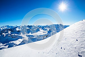 Winter panorama landscape from Mont Fort and famous Matterhorn, Dent d`Herens, Dents de Bouquetins, Weisshorn; Tete Blanche in th