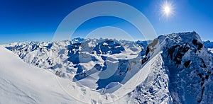 Winter panorama landscape from Mont Fort and famous Matterhorn, Dent d`Herens, Dents de Bouquetins, Weisshorn; Tete Blanche in th photo