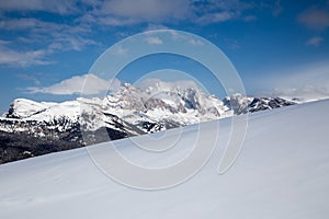 Winter panorama on mountains in Val Gardena