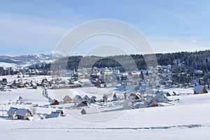 The winter panorama of the small tourist,mountain town of Zabljak