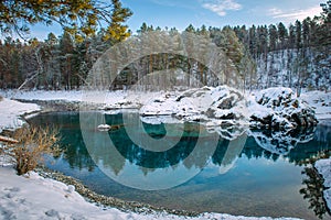 Winter panorama, small turquoise lake in the mountains among snow-covered forest. Trees are reflected in the lake water. Majestic