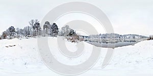 Winter panorama in the snow-covered forest near the river. Full spherical 360 by 180 degrees seamless panorama in equirectangular