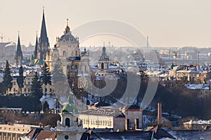 Winter panorama view from the Town Hall on the downtown in Lviv, Ukraine. Old buildings. Roofs covered with snow