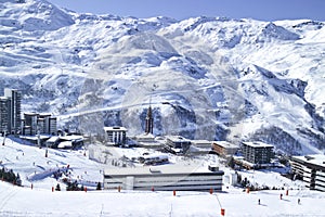 Winter panoramic view of French ski resort village in Alps
