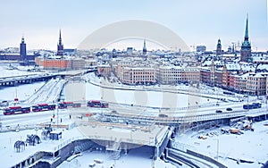 Winter panoramic view from the observation platform of the Old Town Gamla Stan in Stockholm, Sweden