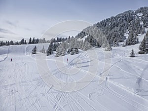 Winter panoramic view of ski pistens in Austrias Alps. Winter landscape. Wallpaper