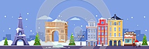 Winter in Paris. Vector flat illustration. Christmas and New Year travel to France