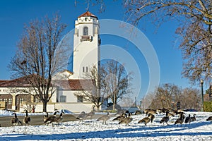 Winter park with the Boise Idaho train depot