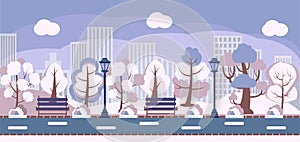 Winter park panorama background illustration. Snowy city, public garden, square, acreage