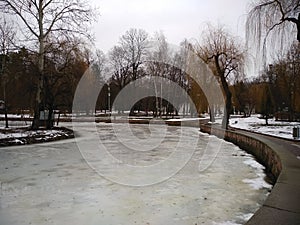 Winter in the park on a rainy day.