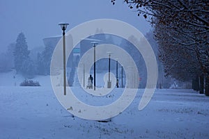 Winter at park under Memorial of Slovak national uprising at Banska Bystrica