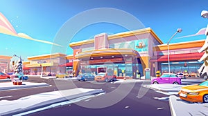 Winter parking at supermarket entrance, with transportation parked in special places near large store with cafe and