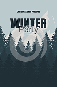Winter Party flyer template. An elegant Christmas invitation in the background of a forest with mountains. Christmas holidays flye