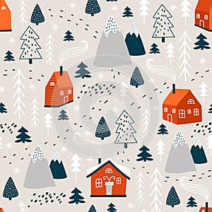 Winter pattern with christmas tree and house. Vector