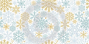 Winter pattern. Seamless ornament, blue and gold line snowflake elements, decor textile. White snow background, abstract