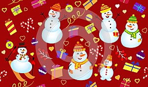 Winter pattern with snowmen, gifts and confetti. Family Snowman on dark red background