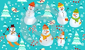 Winter pattern with snowmen, snowflakes and christmas trees. Family Snowman on blue background.