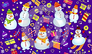 Winter pattern with snowmen, snowflakes and gifts. Family Snowman on dark blue background.