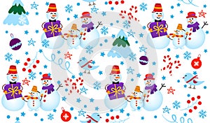 Winter pattern with snowmen, tree and gifts. Family Snowman