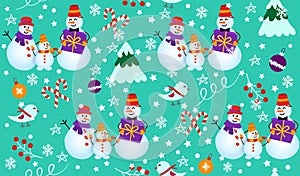 Winter pattern with snowmen, tree and gifts. Family Snowman on green background.