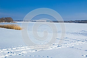 Winter paysage landscape of frozen snowee lake river