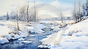 Winter peaceful landscape. Calmly flowing small river among snow-covered trees on frosty winter day. Large snowdrifts.