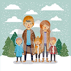 Winter people background with family in colorful landscape with pine trees and snow falling and father mother and sons