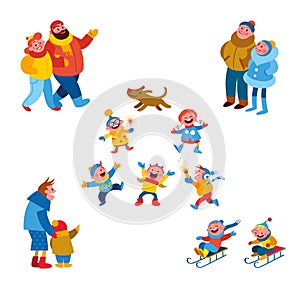 Winter people. Group of cartoon characters dressed in winter clothes.