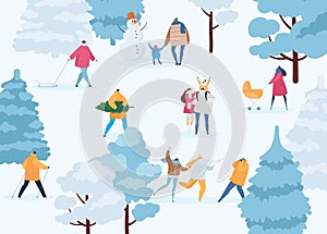 Winter and people women, men, kids walk and outdoor activity vector illustration.