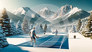 Winter Pickleball Game Amidst Snowy Pines and Majestic Mountain Backdrop