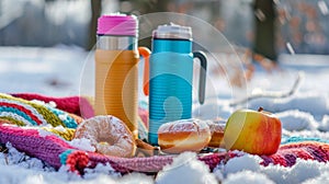 A winter picnic in the park with colorful thermoses filled with ed chai tea and warm apple cinnamon donuts