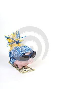 Winter piggy bank with hat with pom-pom standing on skies of greenback hunderd dollars with sunglasses