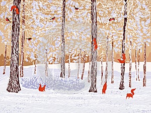 Winter pine forest with squirrels and bullfinches