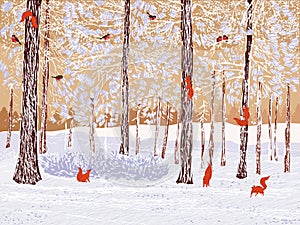 Winter pine forest with squirrels and bullfinches photo