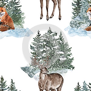 Winter pine forest and wild animals seamless pattern. Watercolor fox and deer illustration on white background. Snowy woodland