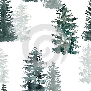 Winter pine tree forest seamless pattern. Christmas background. Watercolor hand painted illustration. Evergreen trees