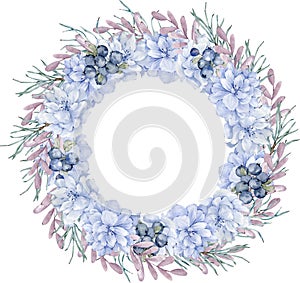 Winter pinebranch, berries and blue flowers wreath. Christmas and New Year's card. Watercolor circle holiday frame.
