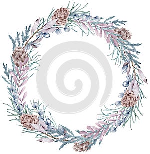 Winter pinebranch and cones wreath. Christmas and New Year's card. Watercolor circle holiday frame. photo
