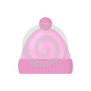 Winter pink hat with pom-pom isolated on white background. Cartoon knit cap clip art. Winter coat vector