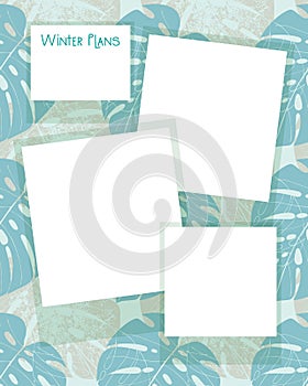 Winter Plans Reminders blue collage vintage scrapbooking on monstera leaves pattern background. Template To Do list