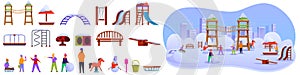 Winter playground icons set cartoon vector. Children garden play