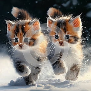 Winter Playmates: Two Tiny Kittens Running in the Snow