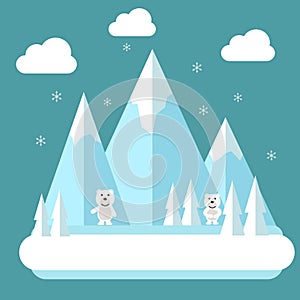 Winter polar flat landscape. Mountain resort concept scene. Winter time landscape in flat design with polar bears, mountains, tree