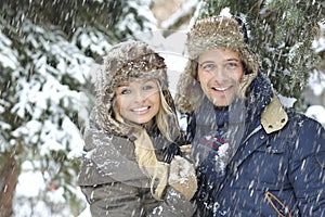 Winter portrait of happy loving couple