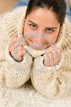 Winter portrait of happy woman wear pullover