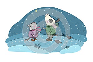 Winter postcard. Cute cartoon cat and dog. December day.