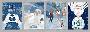 Winter poster background. Season holiday greetings set with people, snow, fir tree, house, snowflakes, snowman and other