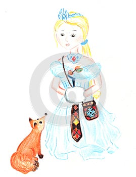 Winter princess with fox on white background. Lady winter color pencil children book illustration.