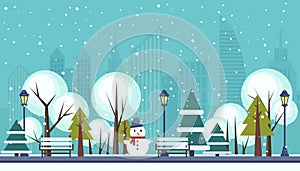 Winter public city park vector illustration.
