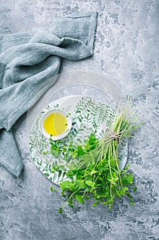 Winter purslane, Indian lettuce, with olive oil and salt. Claytonia perfoliata